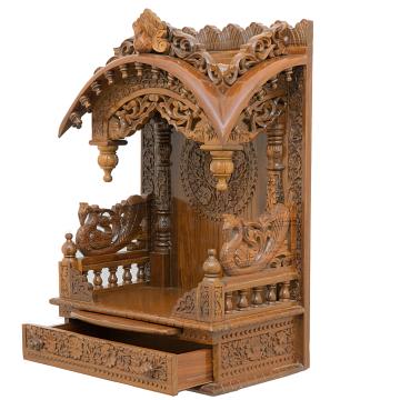 Feature the torana wooden mandir positioned to the left side of the image Feature the torana wooden mandir positioned to the left side of the image