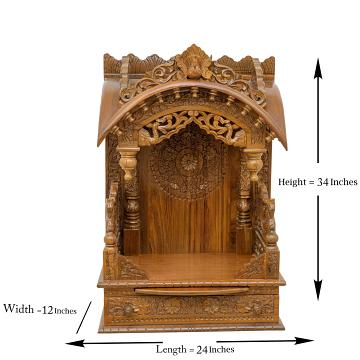 Display an image of the torana wooden mandir with clear markings of its dimensions