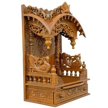 Present the torana wooden mandir aligned to the right side of the image, with the rest of the space depicted as a well-decorated room