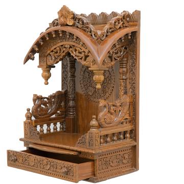 Feature the torana wooden mandir positioned to the left side of the image