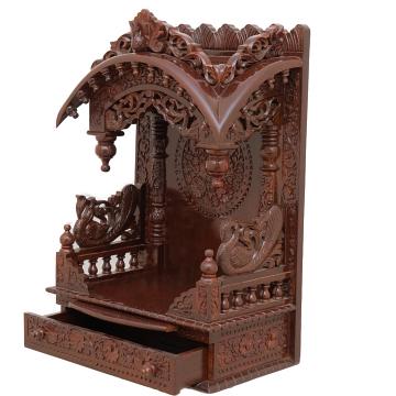 Feature the torana wooden mandir positioned to the left side of the image Feature the torana wooden mandir positioned to the left side of the image