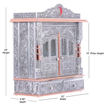 Display an image of the copper oxidized mandir with clear markings of its dimensions Display an image of the copper oxidized mandir with clear markings of its dimensions
