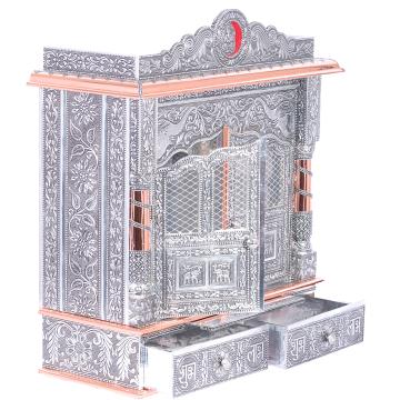 Present the copper oxidized mandir aligned to the right side with an removable shelf of the image, with the rest of the space depicted as a well-decorated room Present the copper oxidized mandir aligned to the right side with an removable shelf of the image, with the rest of the space depicted as a well-decorated room