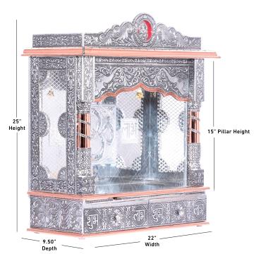 Display an image of the copper oxidized mandir with clear markings of its dimensions Display an image of the copper oxidized mandir with clear markings of its dimensions