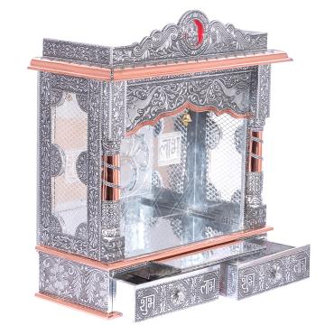 Present the copper oxidized mandir aligned to the right side with an removable shelf of the image, and the rest of the space depicted as a well-decorated room Present the copper oxidized mandir aligned to the right side with an removable shelf of the image, and the rest of the space depicted as a well-decorated room