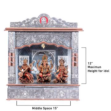 Show the interior of the copper oxidized mandir with a deity or spiritual figure prominently displayed. Show the interior of the copper oxidized mandir with a deity or spiritual figure prominently displayed.