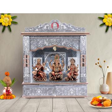 Illustrate the copper oxidized mandir in a lifestyle setting, such as a well-designed living room or prayer room Illustrate the copper oxidized mandir in a lifestyle setting, such as a well-designed living room or prayer room