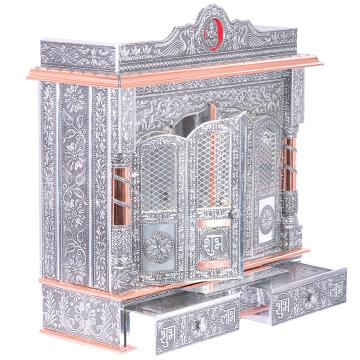 Present the copper oxidized mandir aligned to the right side with an removable shelf of the image, and the rest of the space depicted as a well-decorated room