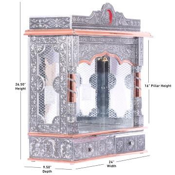 Display an image of the copper oxidized mandir with clear markings of its dimensions