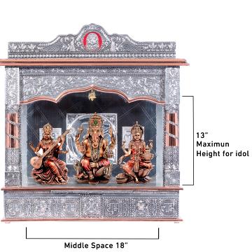 Show the interior of the copper oxidized mandir with a deity or spiritual figure prominently displayed.