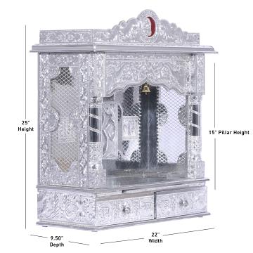Display an image of the Pure Silver Color Mandir with clear markings of its dimensions Display an image of the Pure Silver Color Mandir with clear markings of its dimensions