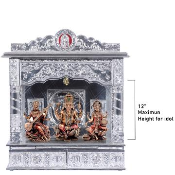 Show the interior of the Pure Silver Color Mandir with a deity or spiritual figure prominently displayed. Show the interior of the Pure Silver Color Mandir with a deity or spiritual figure prominently displayed.