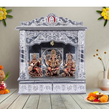 Illustrate the Pure Silver color Mandir in a lifestyle setting, such as a well-designed living room or prayer room Illustrate the Pure Silver color Mandir in a lifestyle setting, such as a well-designed living room or prayer room