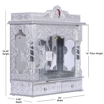 Display an image of the Pure Silver color Mandir with clear markings of its dimensions