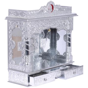 Present the Pure Silver color Mandir aligned to the right side of the image, and the rest of the space depicted as a well-decorated room