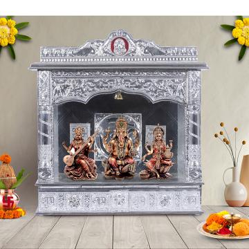 Illustrate the Pure Silver color Mandir in a lifestyle setting, such as a well-designed living room or prayer room