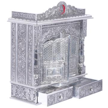 Present the White Oxidized Home Pooja Mandir aligned to the right side of the image, and the rest of the space depicted as a well-decorated room