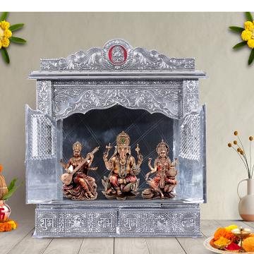 Illustrate the White Oxidized Home Pooja Mandir in a lifestyle setting, such as a well-designed living room or prayer room