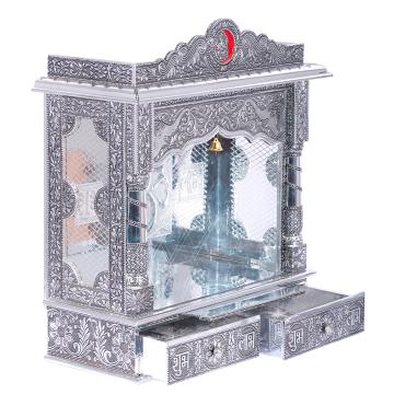 Present the White Oxidized Home Pooja Mandir aligned to the right side of the image, and the rest of the space depicted as a well-decorated room Present the White Oxidized Home Pooja Mandir aligned to the right side of the image, and the rest of the space depicted as a well-decorated room