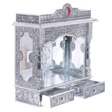 Present the White Oxidized Home Pooja Mandir aligned to the right side of the image, and the rest of the space depicted as a well-decorated room Present the White Oxidized Home Pooja Mandir aligned to the right side of the image, and the rest of the space depicted as a well-decorated room