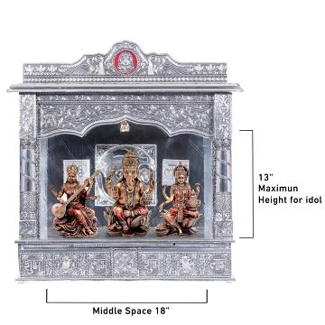 Show the interior of the White Oxidized Home Pooja Mandir with a deity or spiritual figure prominently displayed. Show the interior of the White Oxidized Home Pooja Mandir with a deity or spiritual figure prominently displayed.
