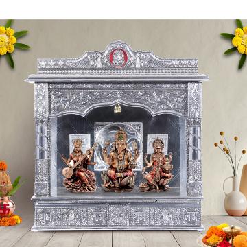 Illustrate the White Oxidized Home Pooja Mandir in a lifestyle setting, such as a well-designed living room or prayer room Illustrate the White Oxidized Home Pooja Mandir in a lifestyle setting, such as a well-designed living room or prayer room