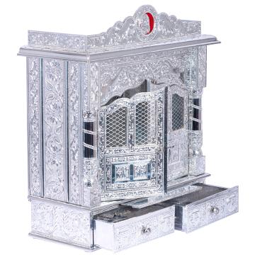 Present the Pure Silver color Mandir aligned to the right side of the image, and the rest of the space depicted as a well-decorated room Present the Pure Silver color Mandir aligned to the right side of the image, and the rest of the space depicted as a well-decorated room