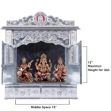 Show the interior of the Pure Silver Color Mandir with a deity or spiritual figure prominently displayed. Show the interior of the Pure Silver Color Mandir with a deity or spiritual figure prominently displayed.