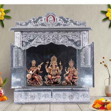 Illustrate the Pure Silver color Mandir in a lifestyle setting, such as a well-designed living room or prayer room Illustrate the Pure Silver color Mandir in a lifestyle setting, such as a well-designed living room or prayer room