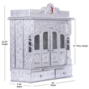 Display an image of the Pure Silver color Mandir with clear markings of its dimensions