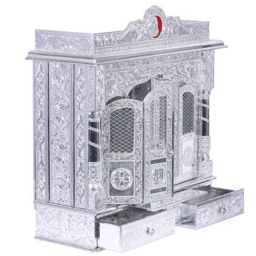 Present the Pure Silver color Mandir aligned to the right side of the image, and the rest of the space depicted as a well-decorated room