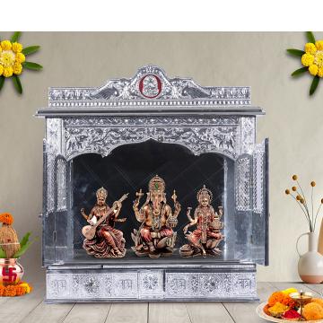 Illustrate the Pure Silver color Mandir in a lifestyle setting, such as a well-designed living room or prayer room