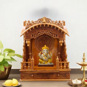 Illustrate the torana mandir in a lifestyle setting, such as a well-designed living room or prayer room