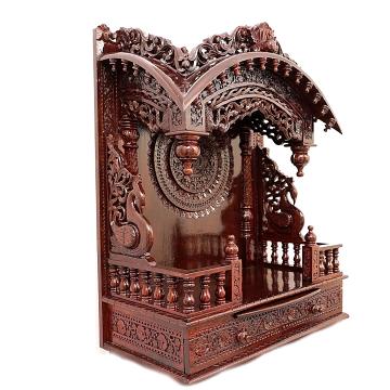 Present the torana wooden mandir aligned to the right side of the image, with the rest of the space depicted as a well-decorated room