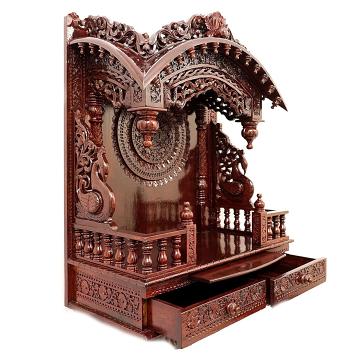 Feature the torana wooden mandir positioned to the left side of the image