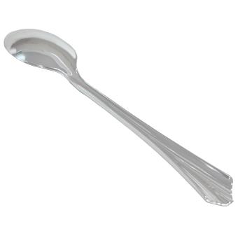 The back of a polished silver spoon, highlighting the smooth surface and elegant curve of the handle.