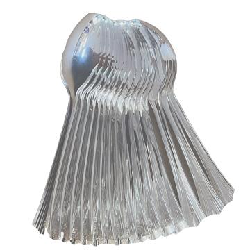 A neat bundle of silver spoons showcasing the shiny, reflective surface and uniform design of the spoon handles.