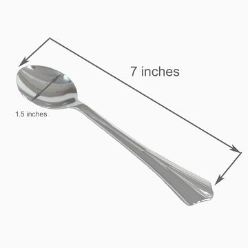 A diagram showing the dimensions of a standard silver spoon, with labels for the length, width and thickness of the handle.