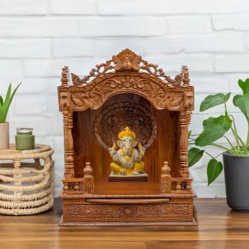 Illustrate the mandap wooden mandir in a lifestyle setting, such as a well-designed living room or prayer room