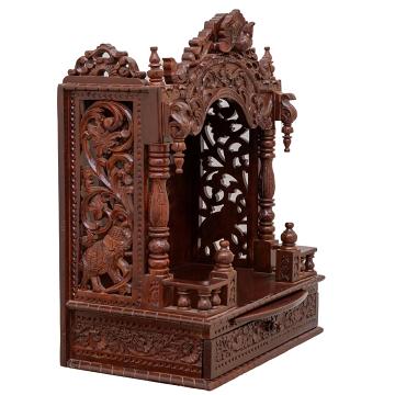 Present the mandap wooden mandir aligned to the right side of the image, with the rest of the space depicted as a well-decorated room