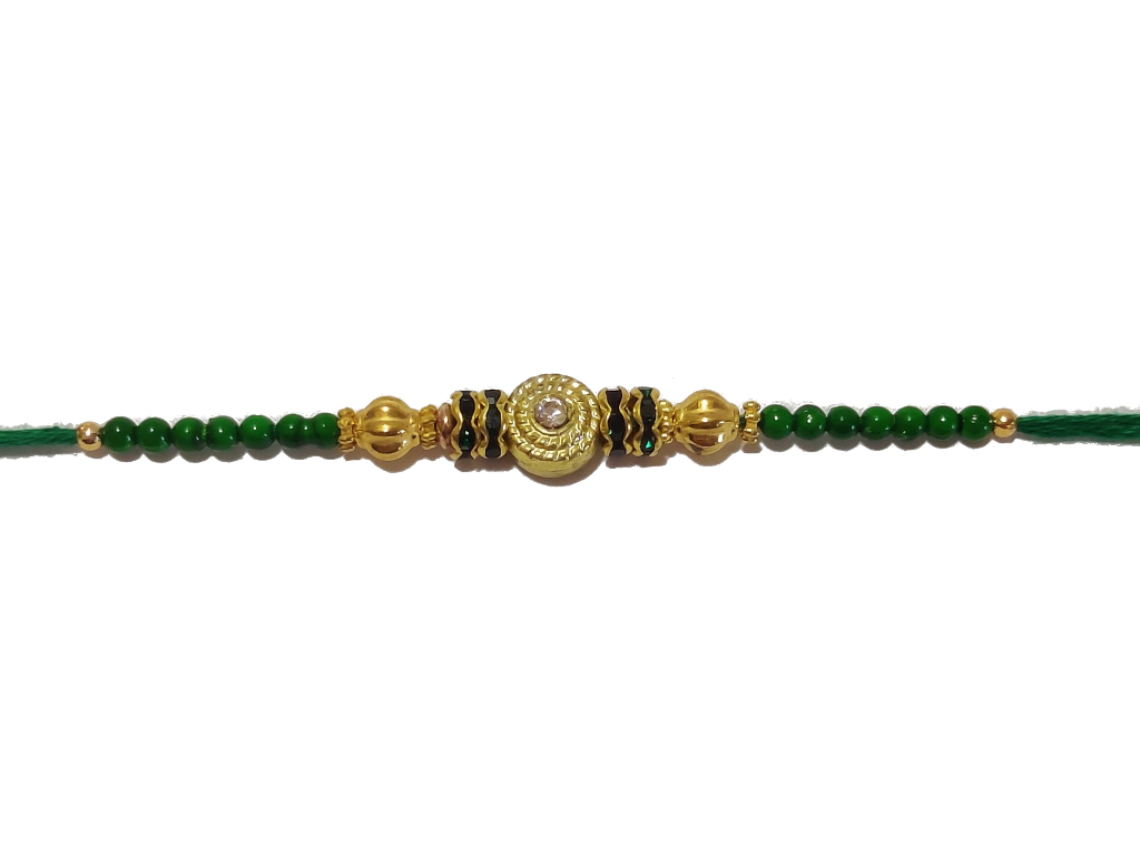 Traditional RAKHI Designed With Green Colored Stones and Beads for Brother