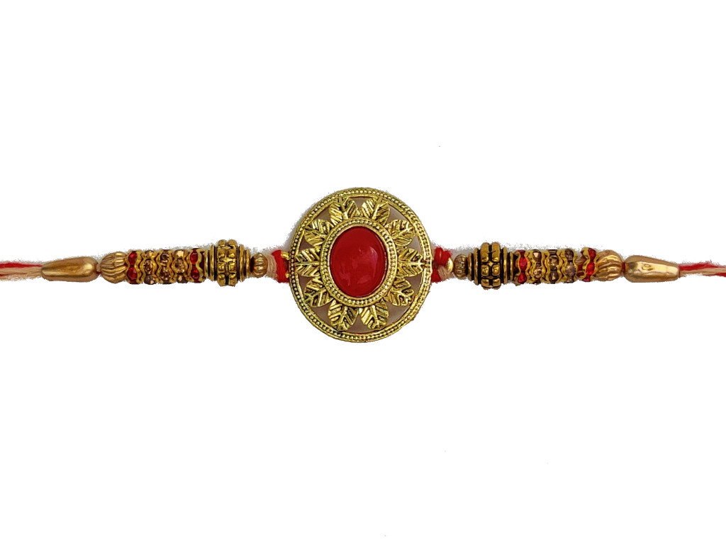 Classy RAKHI W/ an Embedded Ruby Like Stone W/ Golden Craft + Roli ...