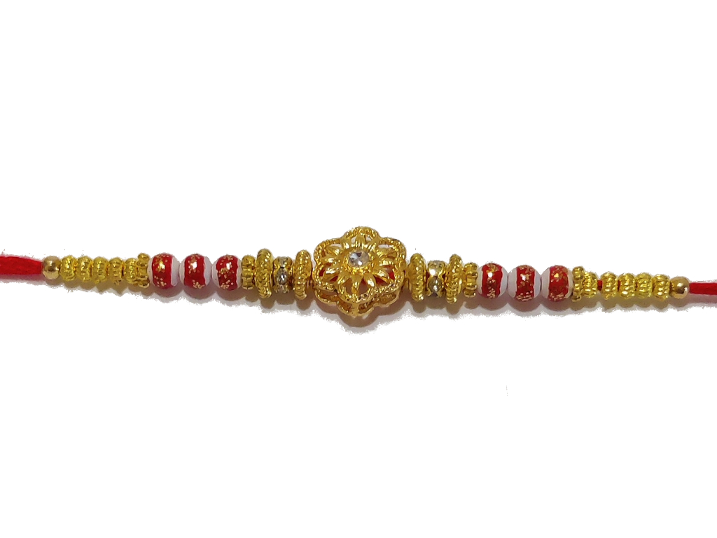 RAKHI Designed With a Golden Flower Red Beads and White Diamonds
