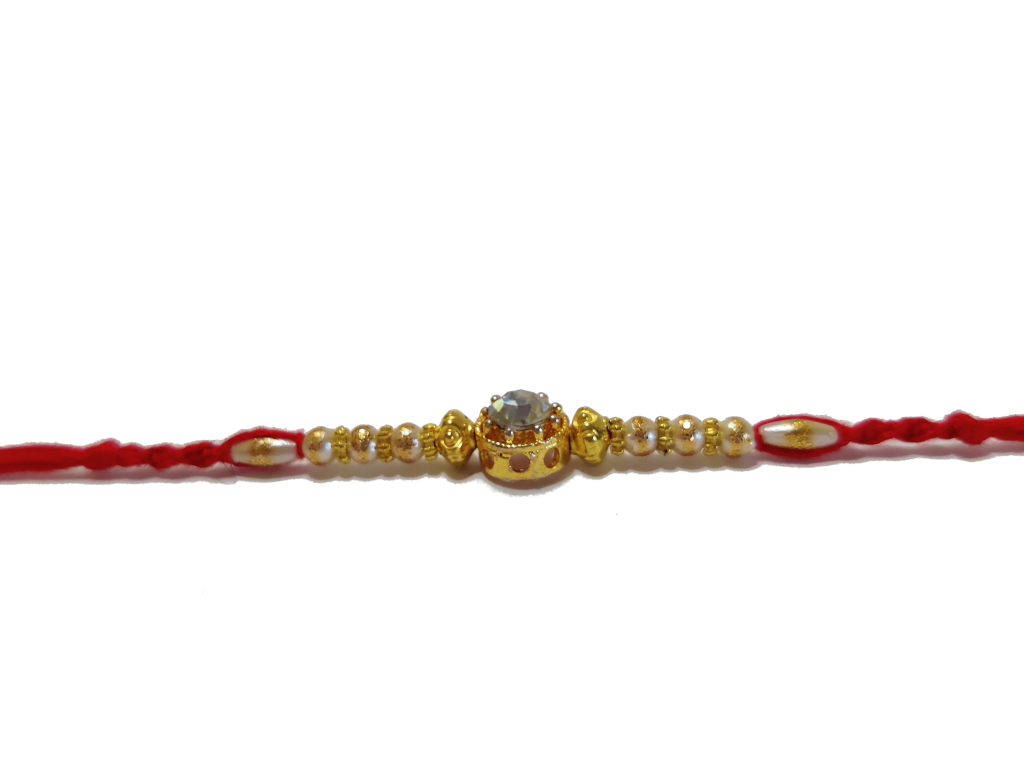 RAKHI in White and Golden Beads with Auspicious Diamonds