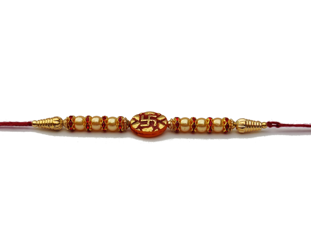 Swastika RAKHI in Gold W/ Red Beads and Diamonds