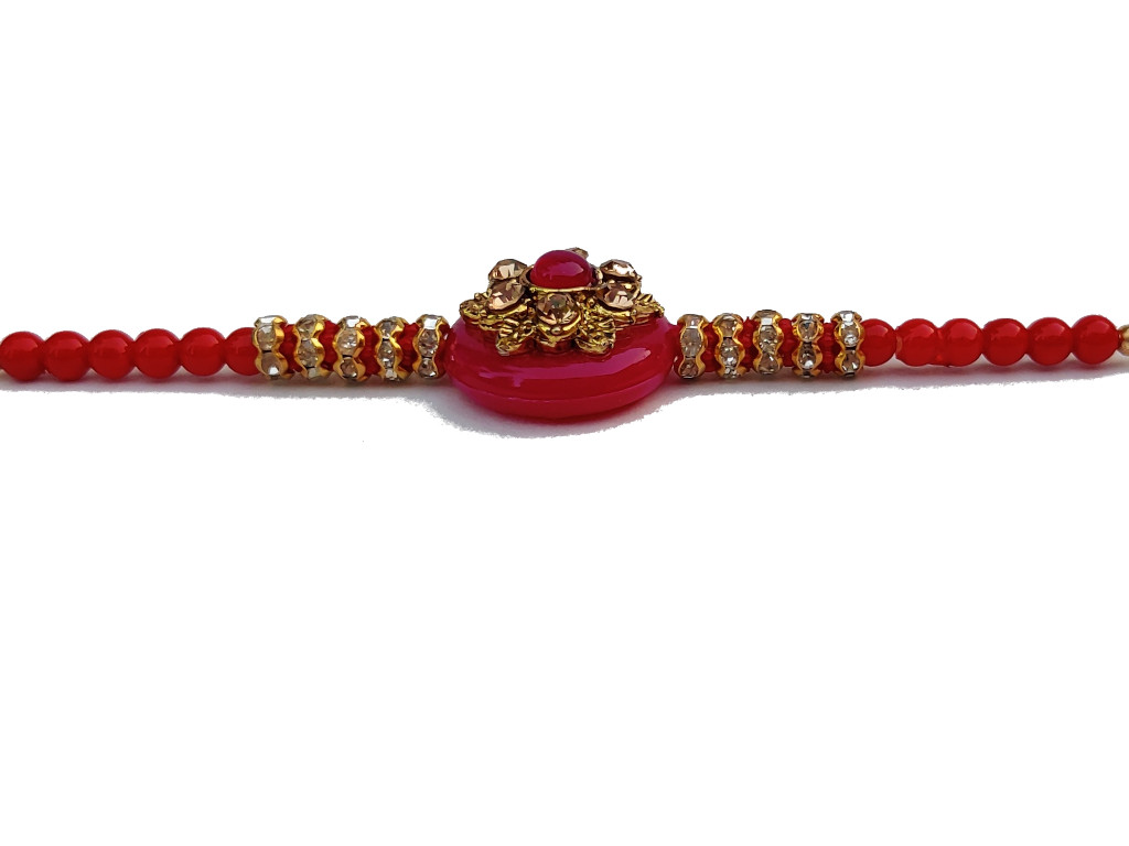 Classy RAKHI W/ an Embedded Ruby Like Stone W/ Red beads + Roli ...