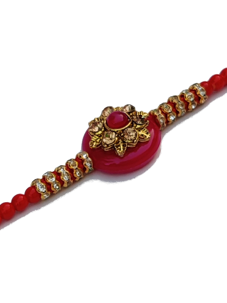 Classy RAKHI W/ an Embedded Ruby Like Stone W/ Red beads + Roli ...