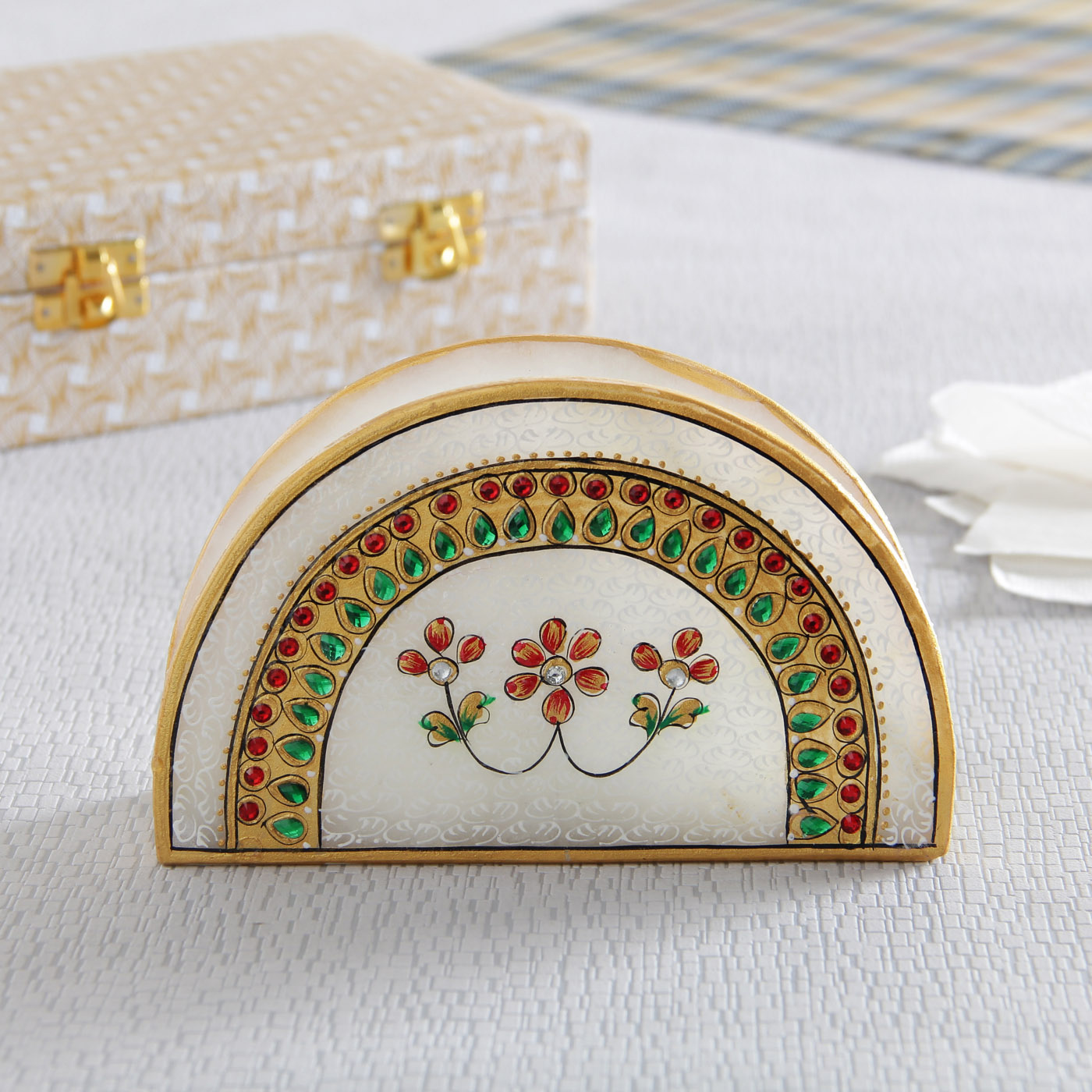 Traditional White Marble Napkin Holder w/ Mina Work 29611 DesiClik