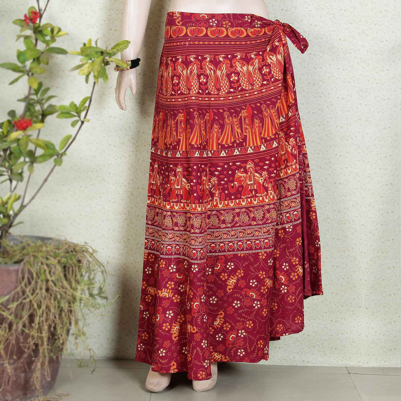 Ethnic Print Red Long Wraparound Skirt #29666 | Buy Online @ DesiClik ...