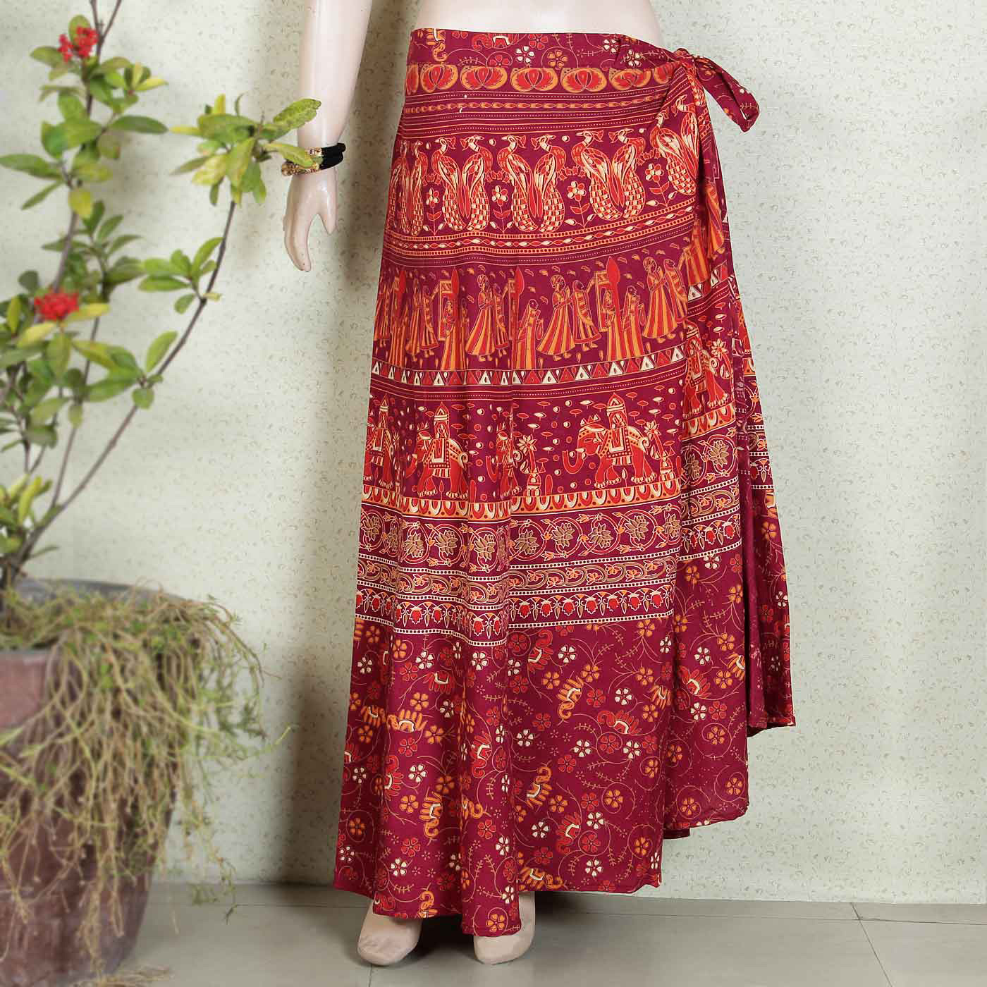 Ethnic Print Red Long Wraparound Skirt 29666 Buy Online DesiClik